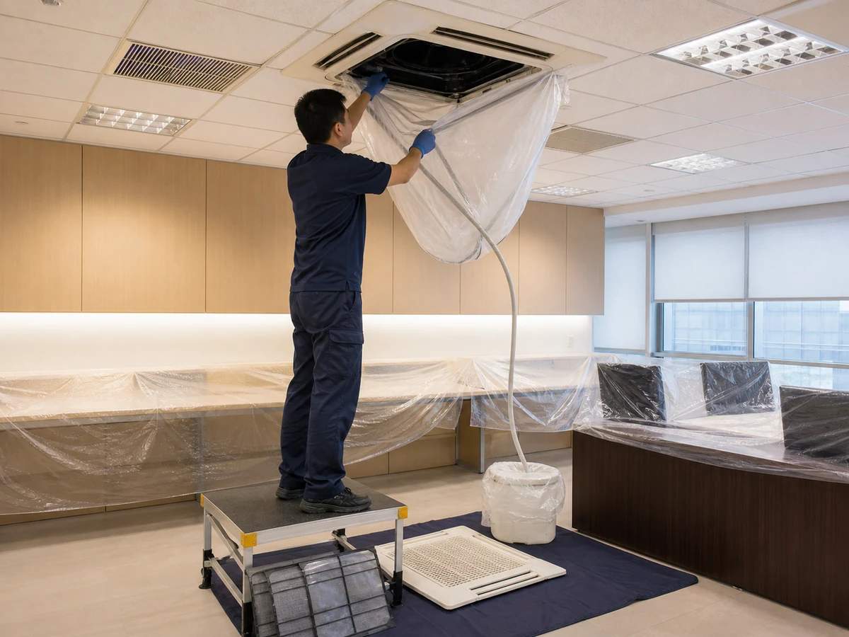 商用冷氣室內機清洗準備實物場景示意圖
