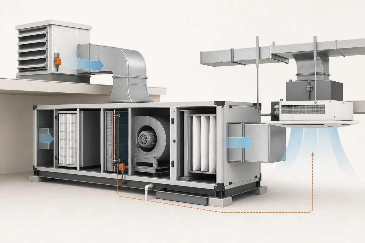 Conceptual view of AHU, PAU and FCU air-side equipment and duct connections