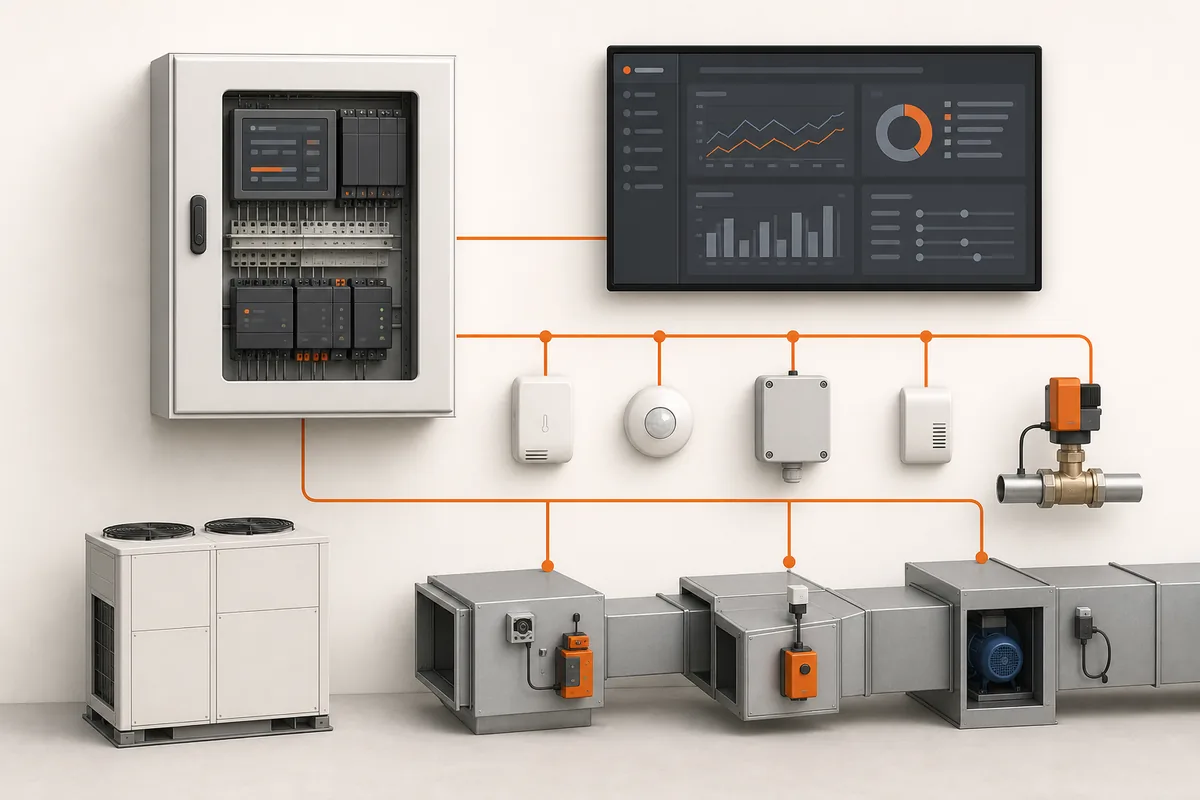 Conceptual view of BMS control panels, sensors, modules and HVAC connections