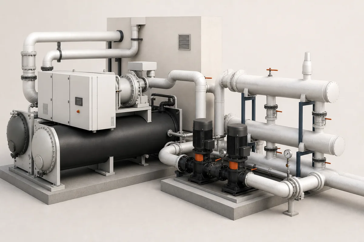 Conceptual view of a central chiller, pumps, headers and insulated pipework