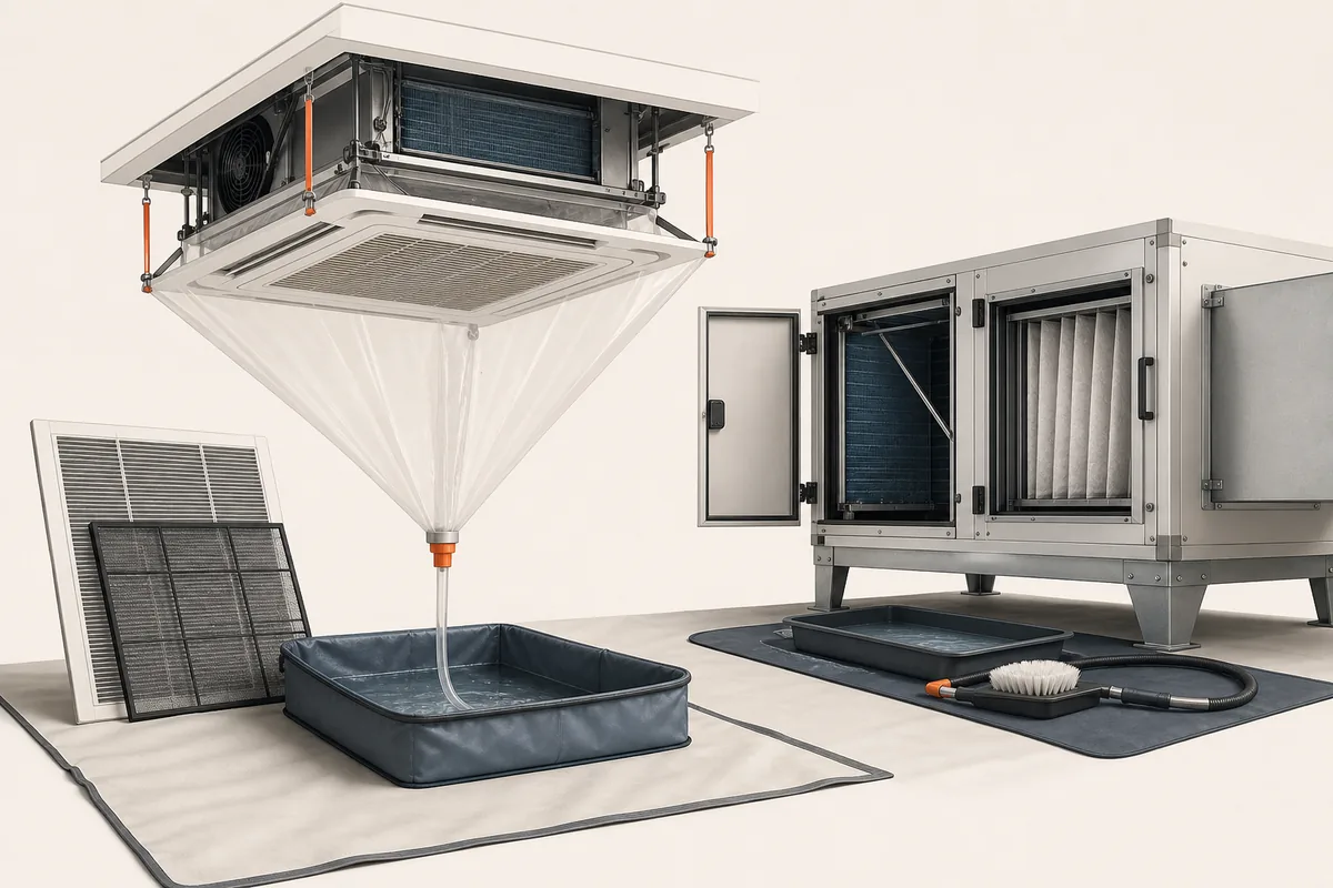 Conceptual view of protective arrangements for cleaning a commercial cassette and air-handling unit