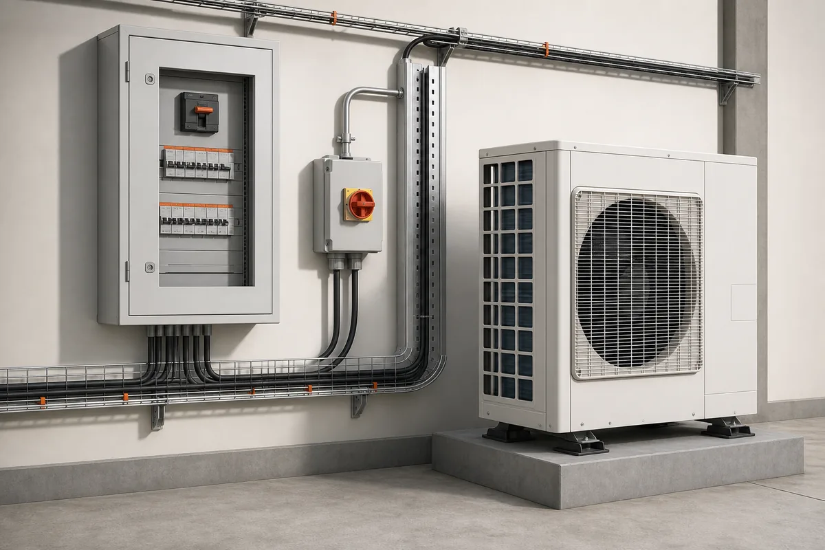Conceptual view of a distribution board, isolator, cable runs and HVAC equipment