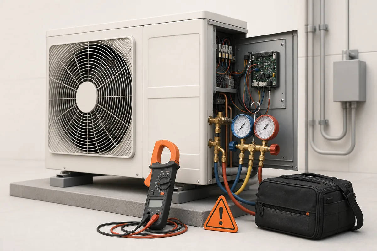 Conceptual view of diagnostic instruments beside a commercial outdoor unit