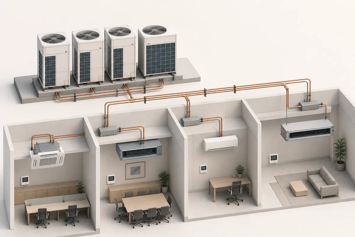 Conceptual view of VRV or VRF outdoor units, branch pipework and several indoor zones
