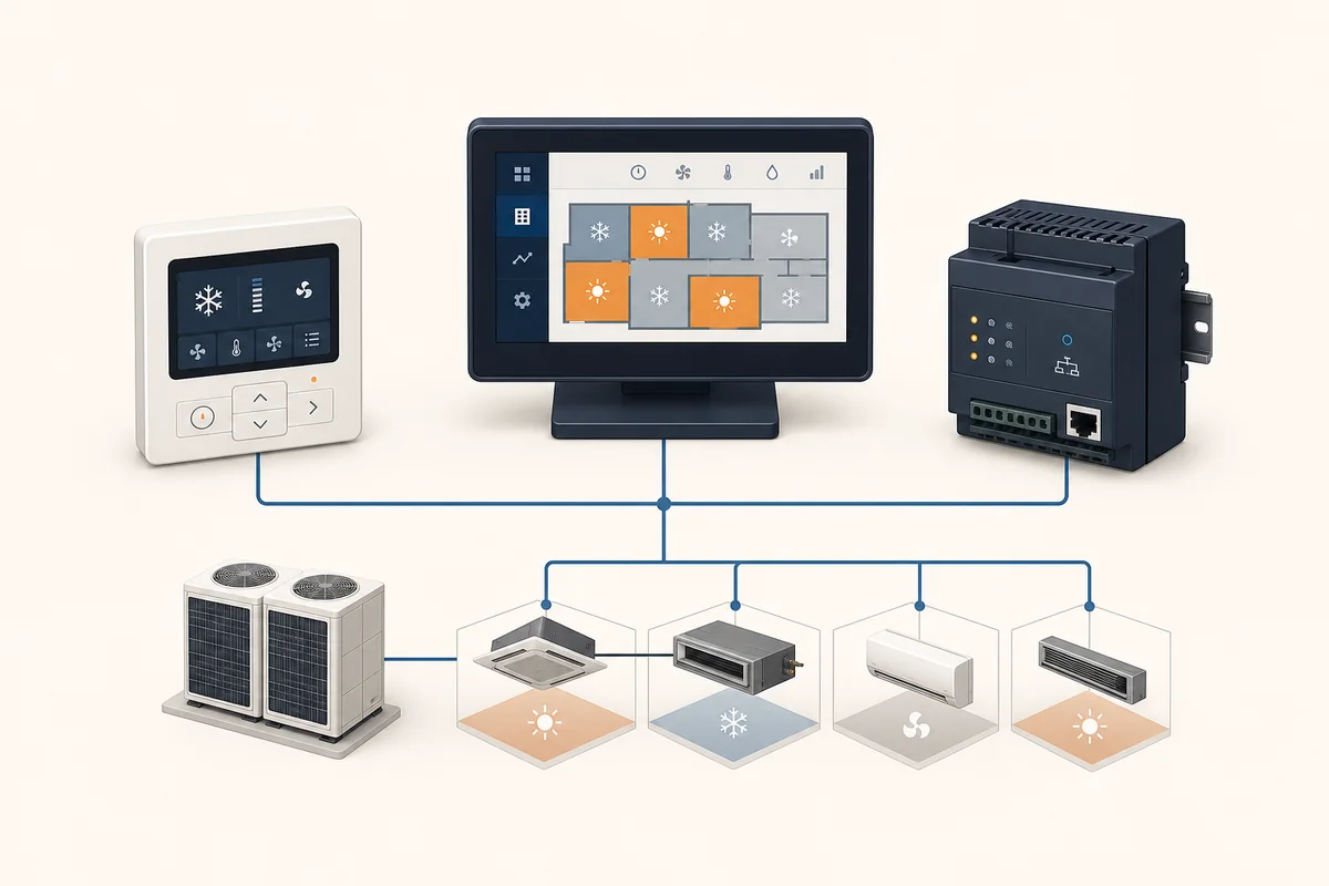 Concept illustration of local and central VRV or VRF controllers and interfaces