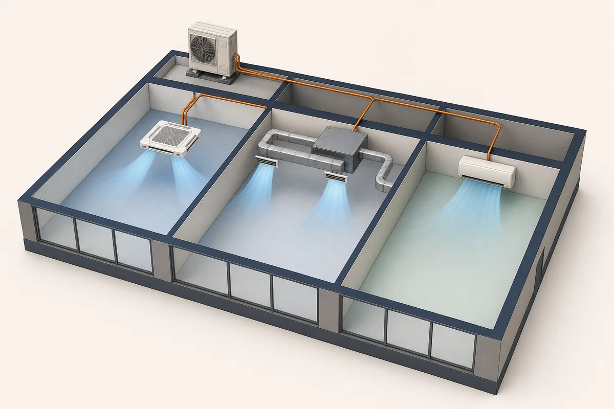 Concept illustration of VRV or VRF indoor units serving separate zones