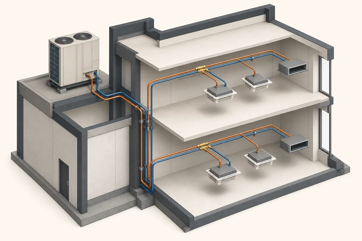 Concept illustration of a VRV or VRF refrigerant and branch network