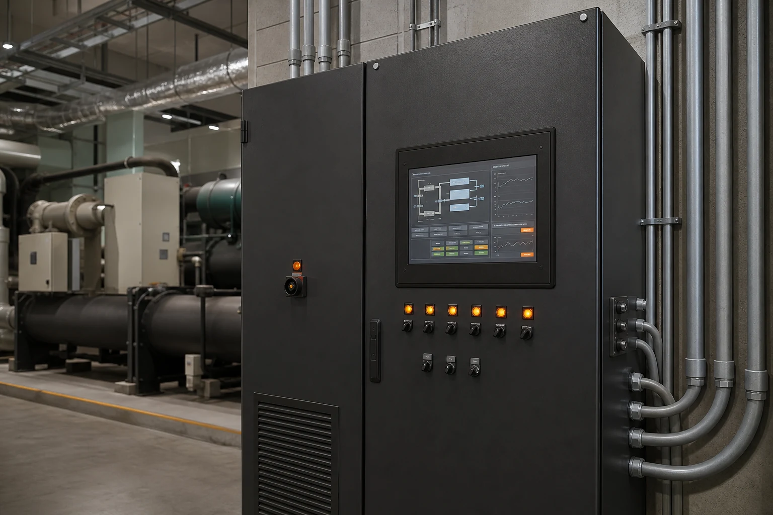 Concept image of a commercial central air-conditioning control cabinet and monitoring interface
