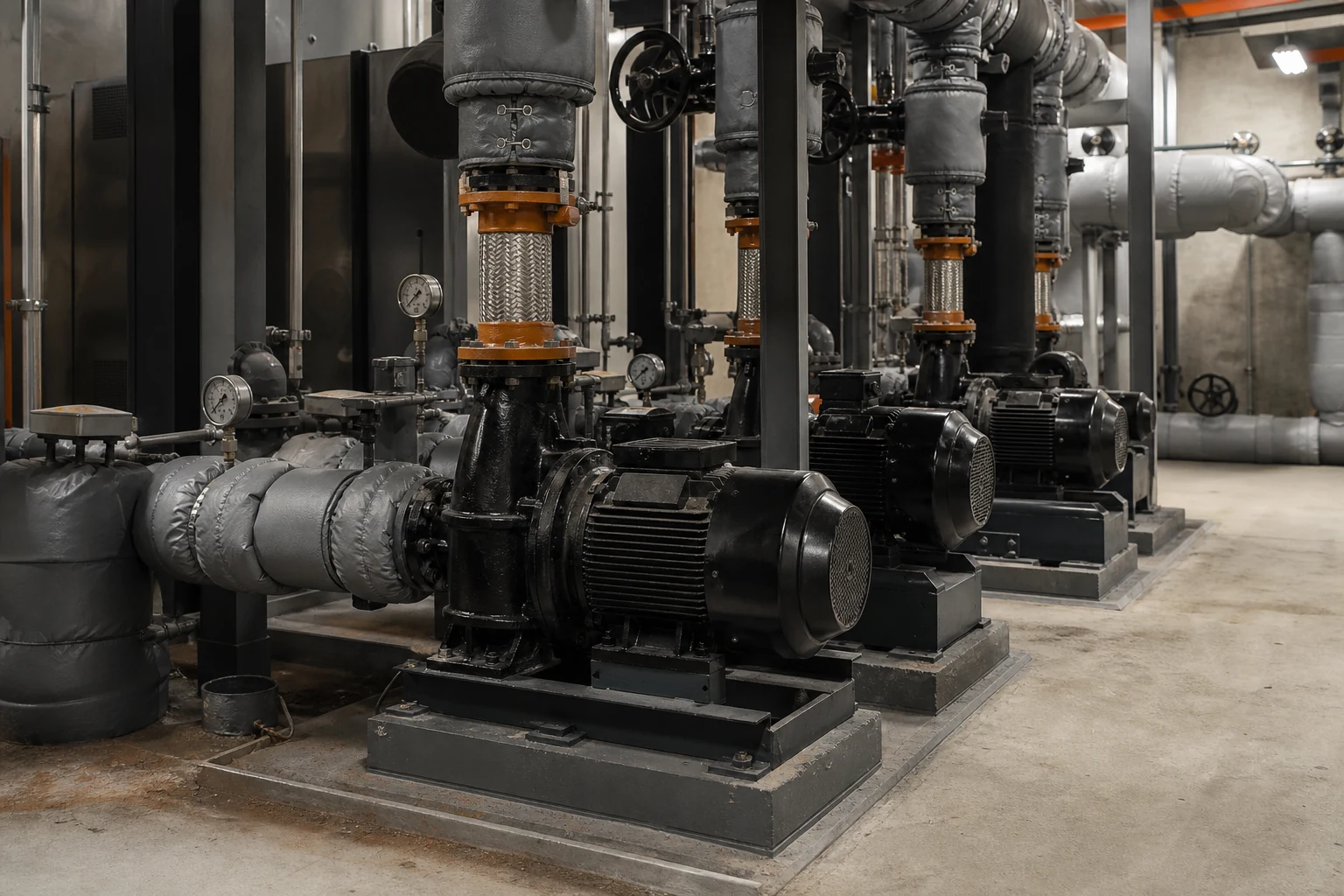 Concept arrangement of chilled-water pumps, valves and insulated piping in a commercial plant room