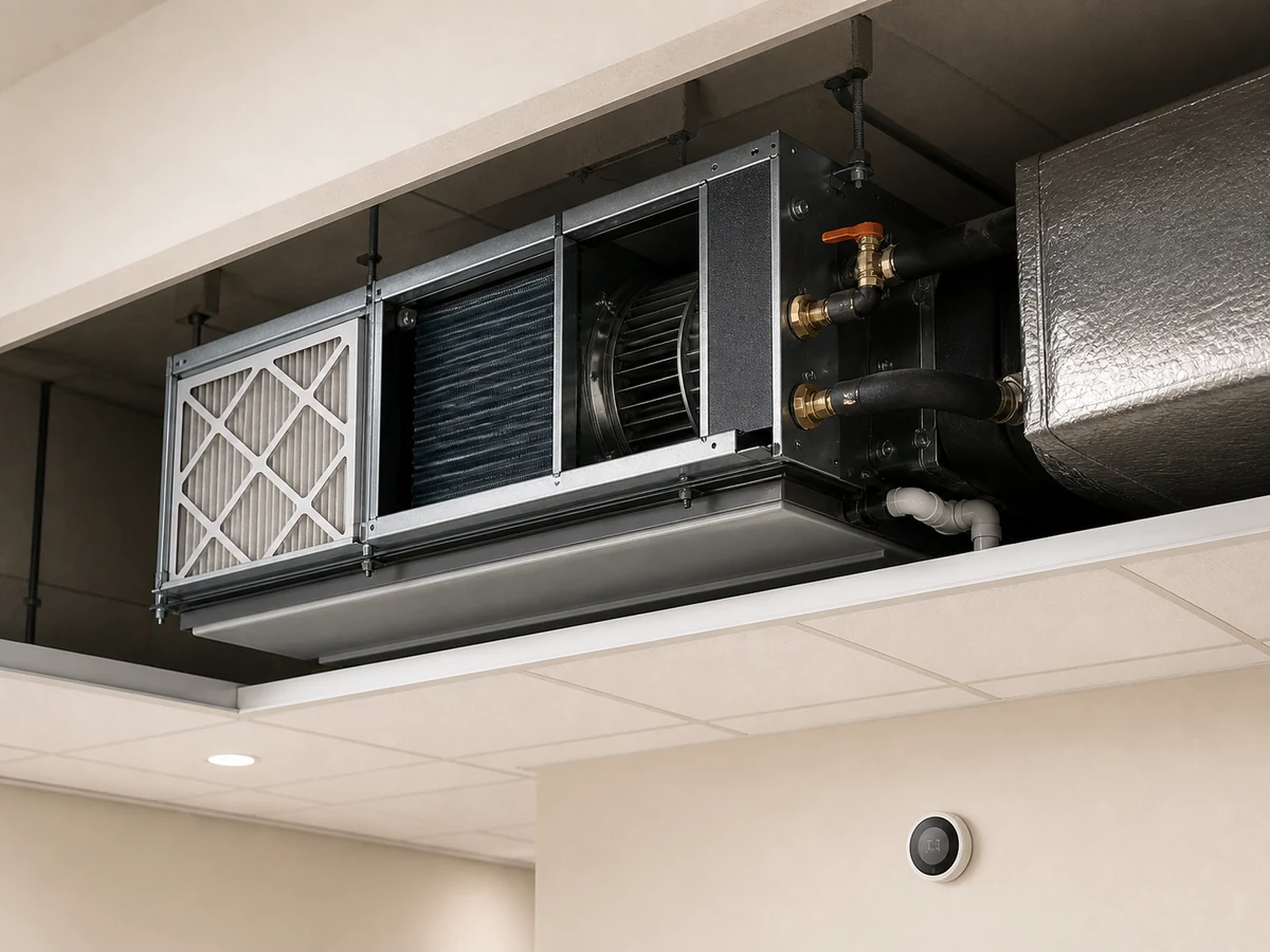 Concept view of a commercial ceiling FCU with access opening, filter, coil, fan, valves and condensate drain
