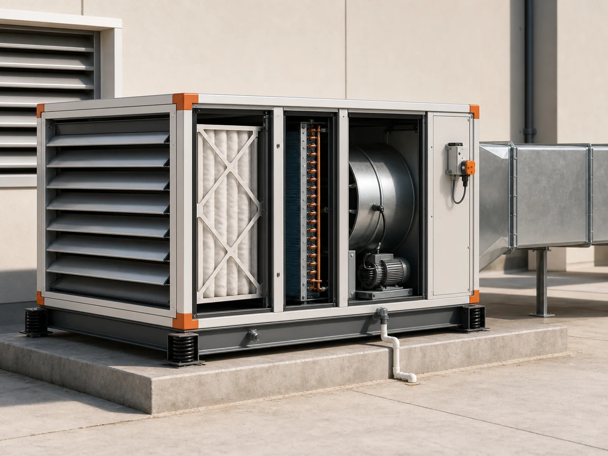 Concept view of a commercial PAU with an outdoor-air intake louvre, filter, coil, fan, drain and supply duct