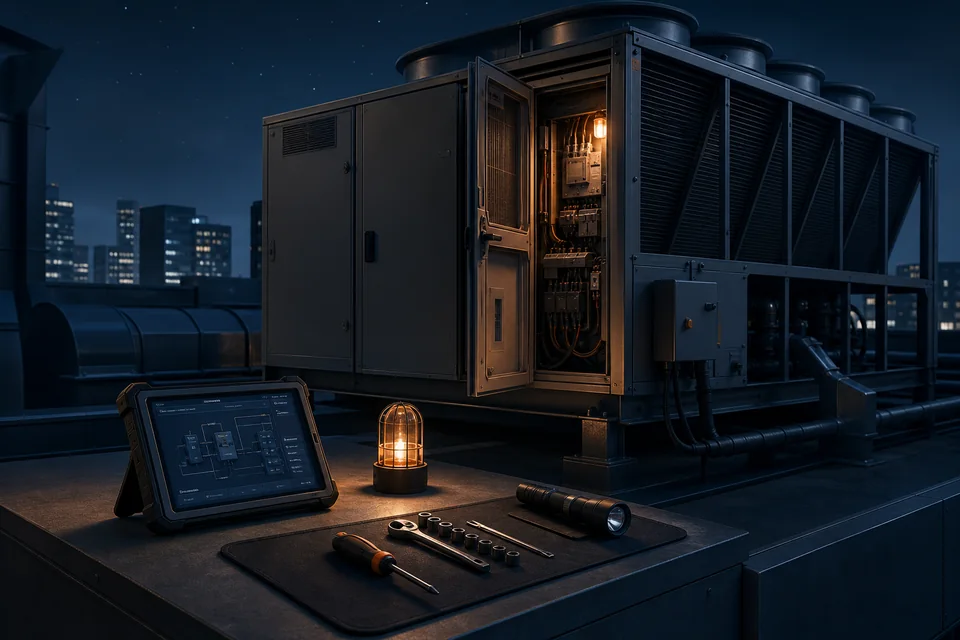 Conceptual works-outside-operating-hours illustration showing business premises at night and a planned work zone