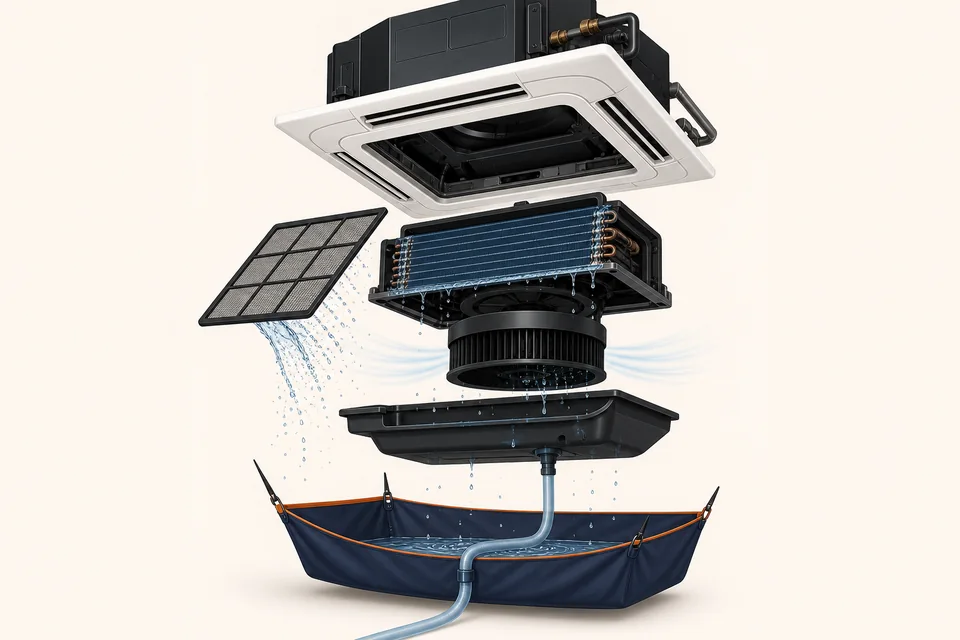 Conceptual commercial AC cleaning illustration showing cassette components, drain pan and wash-water containment