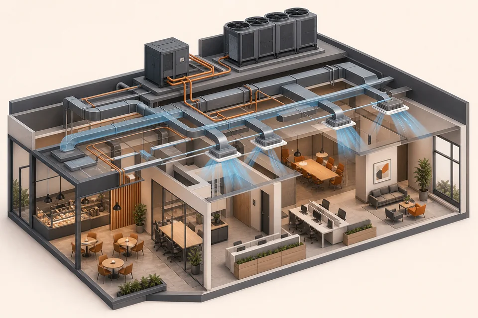 Conceptual commercial HVAC project illustration showing equipment and ductwork across business premises