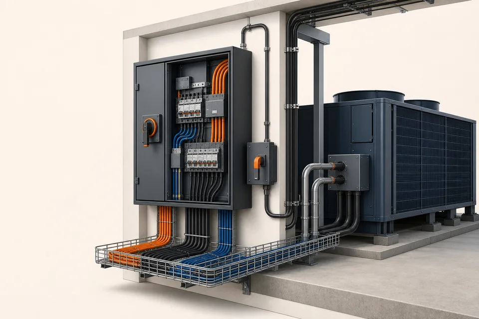 Conceptual electrical and HVAC supporting works illustration showing isolation, distribution, controls and equipment interfaces
