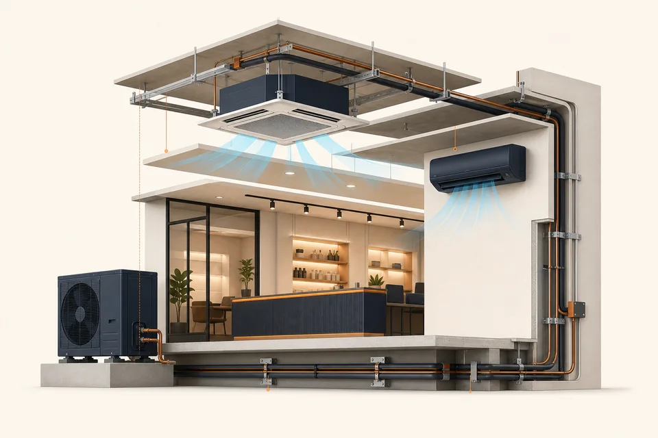 Conceptual commercial AC installation illustration showing cassette, split and supporting pipework