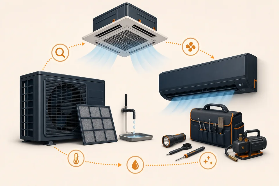 Conceptual commercial AC maintenance illustration showing equipment types, filters, drainage and inspection tools