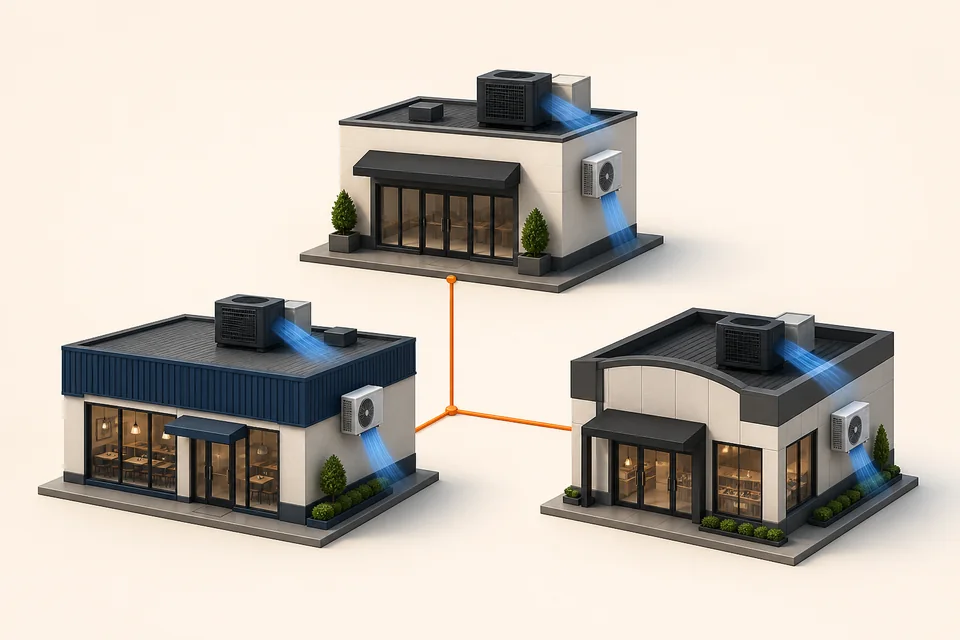 Conceptual multi-site maintenance illustration showing coordinated equipment across several commercial premises