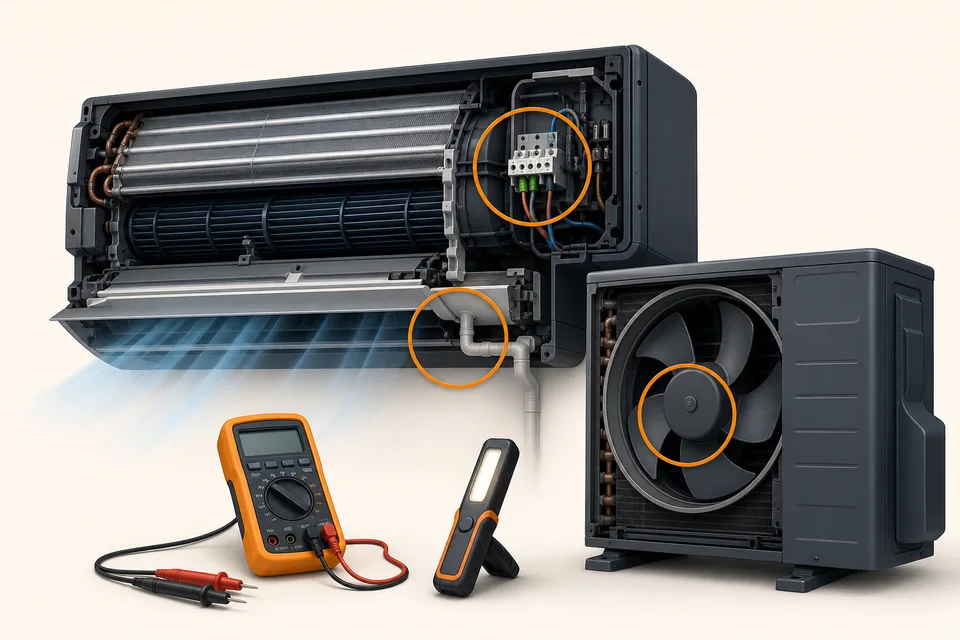 Conceptual commercial AC repair illustration showing electrical, drainage and fan inspection points