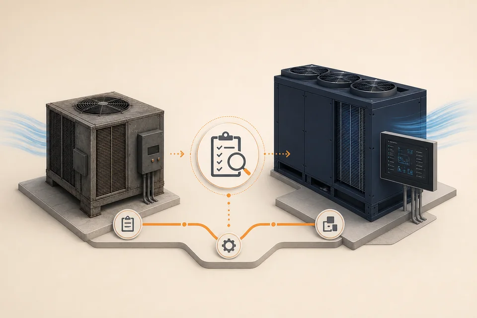 Conceptual HVAC replacement and upgrade illustration showing existing equipment beside renewal options
