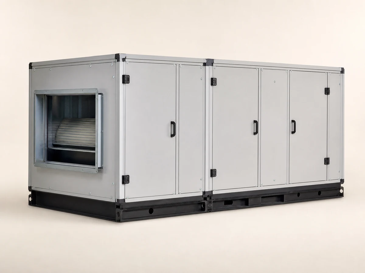 Modular AHU or PAU air-handling unit isolated on a plain studio background