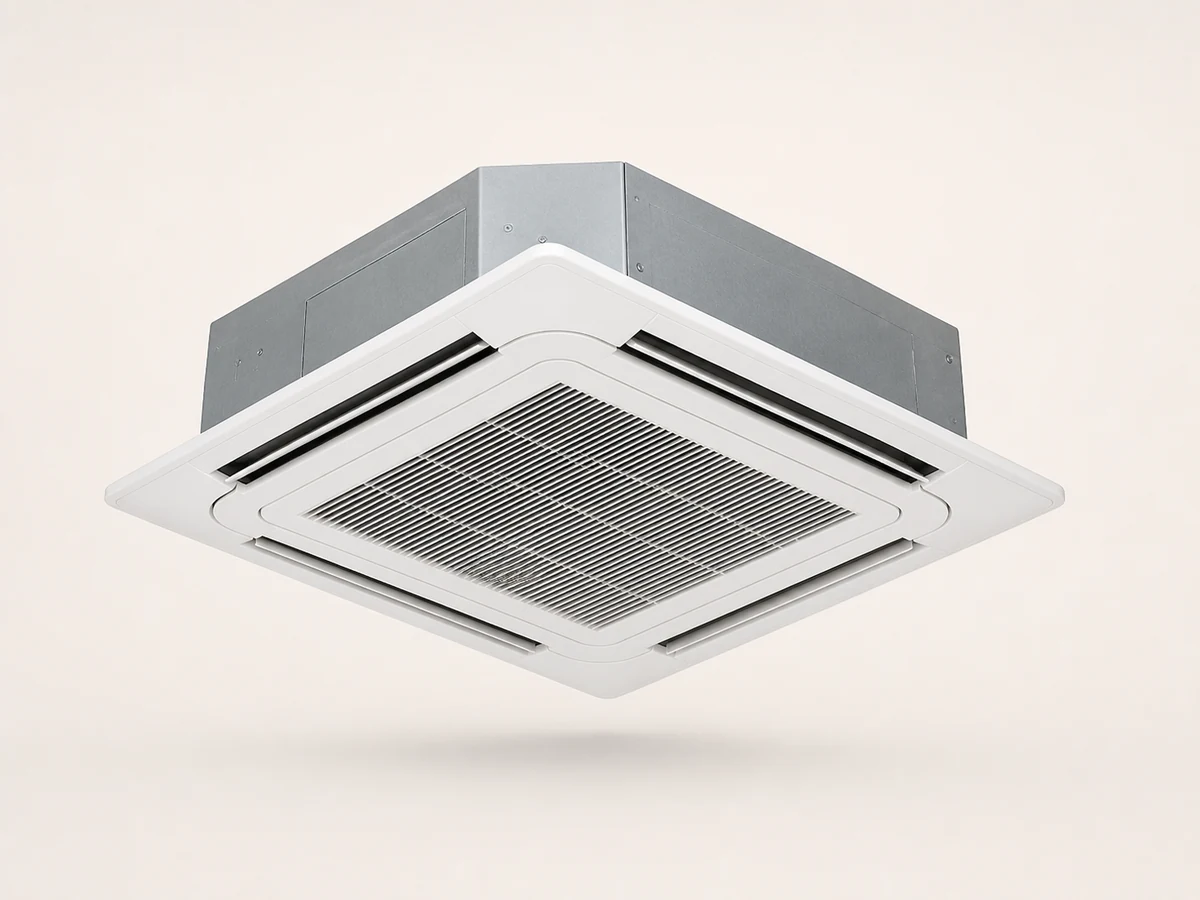 Four-way ceiling cassette air conditioner isolated on a plain studio background