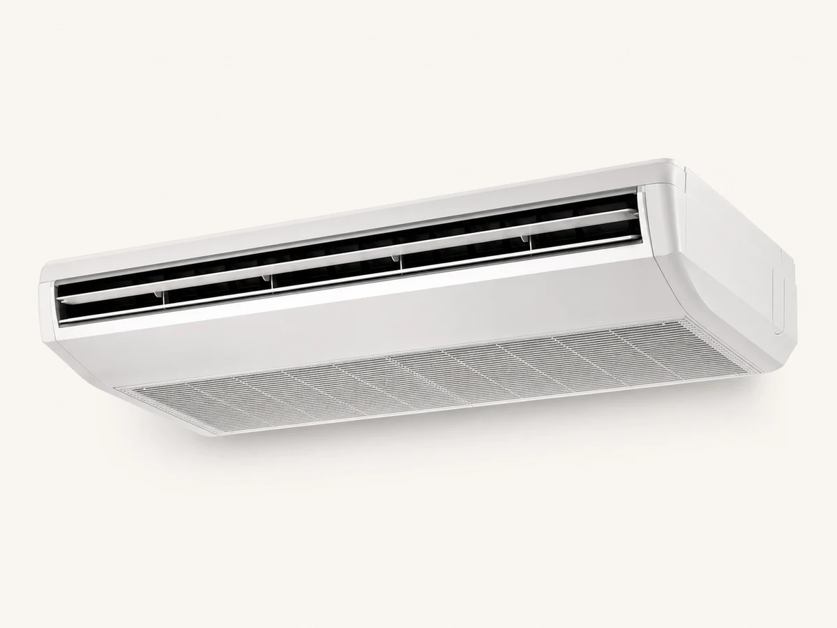 Ceiling-suspended air conditioner isolated on a plain studio background
