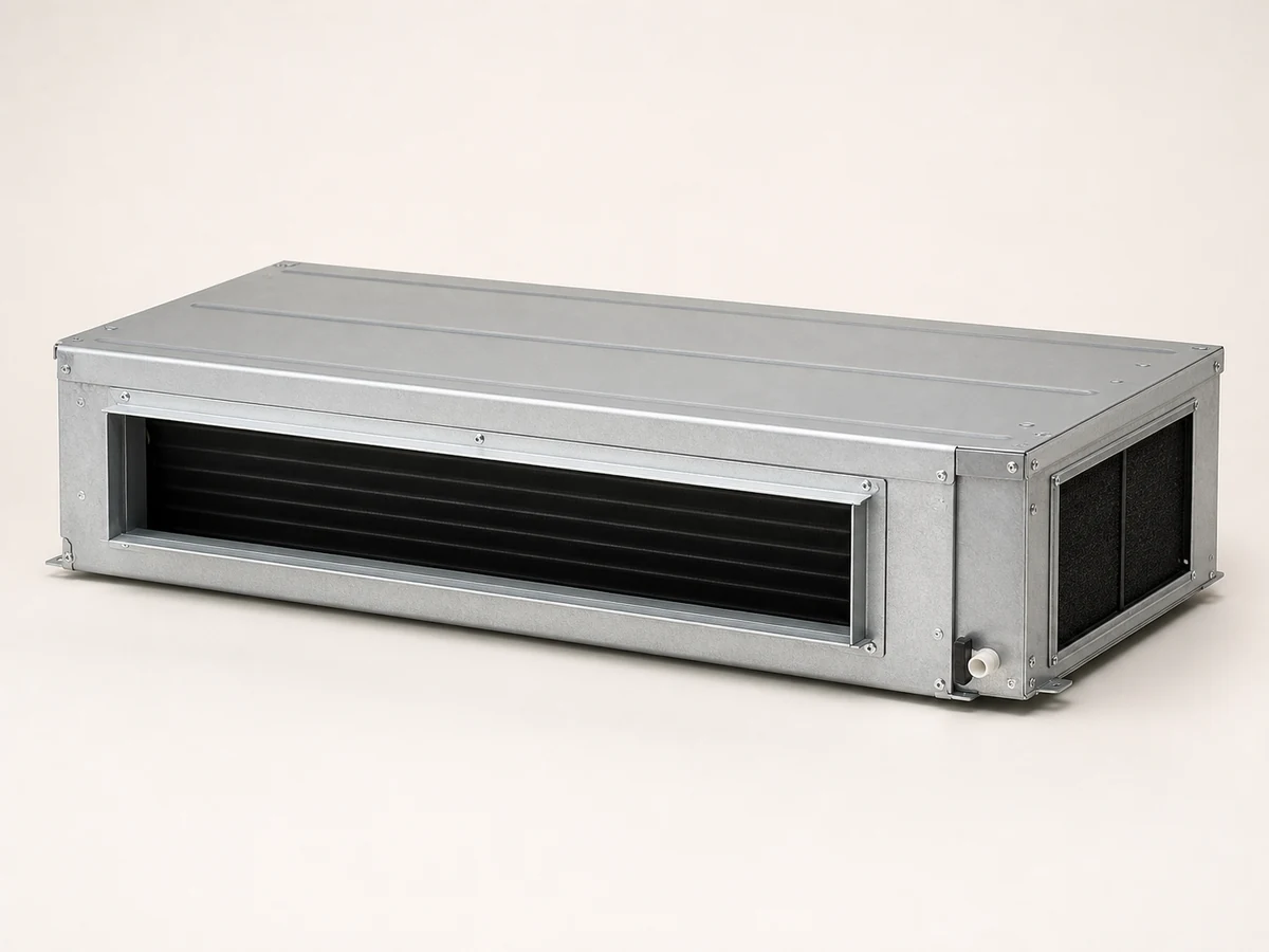 Concealed ducted split indoor unit isolated on a plain studio background