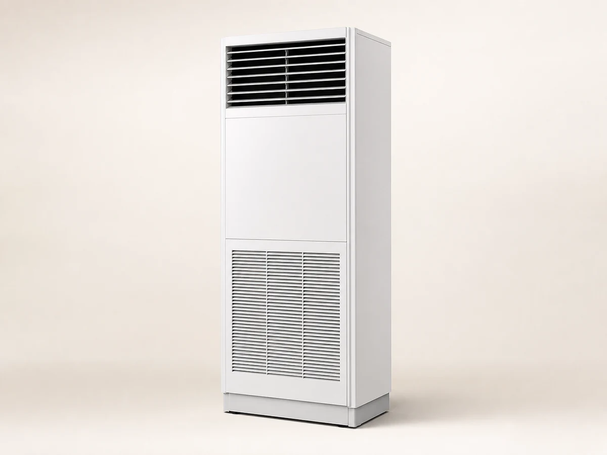 Floor-standing cabinet air conditioner isolated on a plain studio background