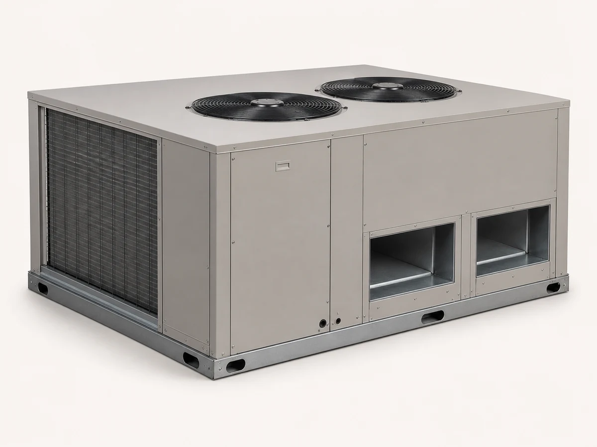 Commercial packaged rooftop air-conditioning unit isolated on a plain studio background