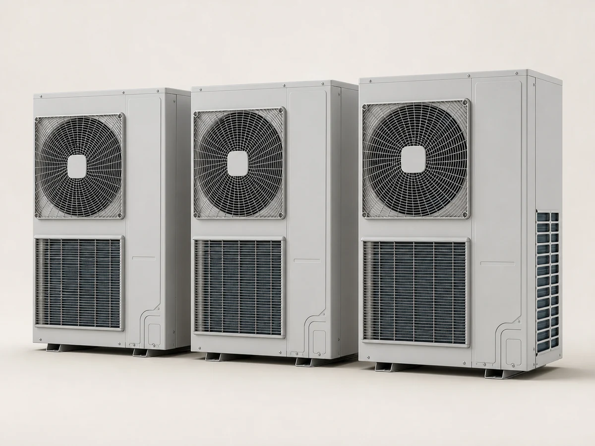 Three VRV or VRF outdoor units arranged as a product group on a plain studio background