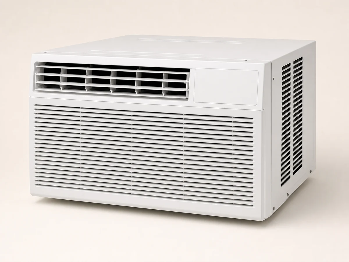 Window-type air conditioner isolated on a plain studio background