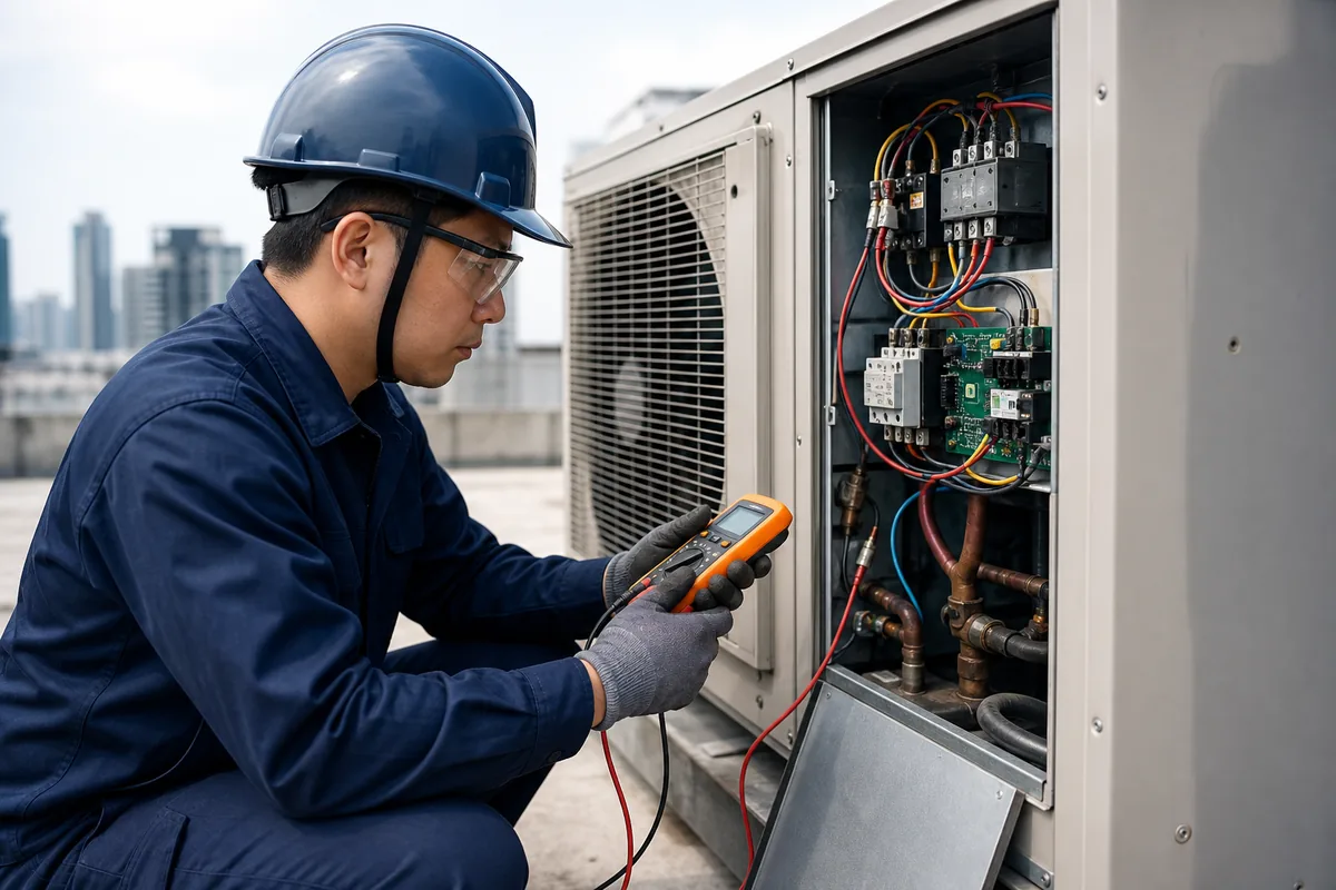 Concept view of a technician diagnosing commercial air-conditioning equipment