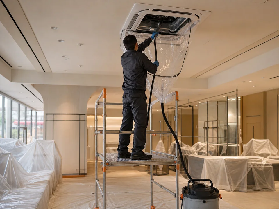 A technician uses a protective wash cover to clean a commercial ceiling cassette unit