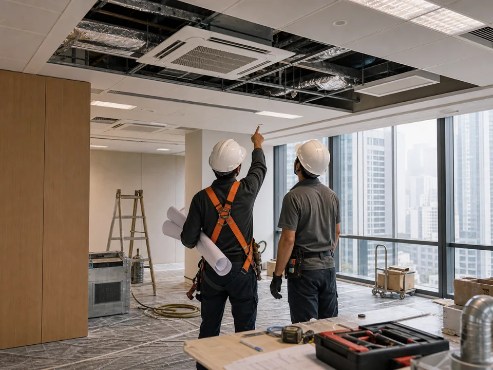 Engineers review ceiling air-conditioning positions during a commercial office fit-out