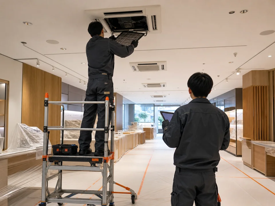 Technicians carry out planned maintenance on several ceiling cassette units