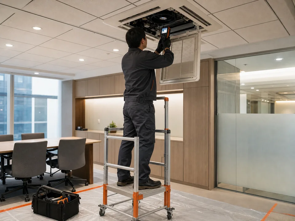 A technician inspects a ceiling cassette air-conditioning unit in commercial premises