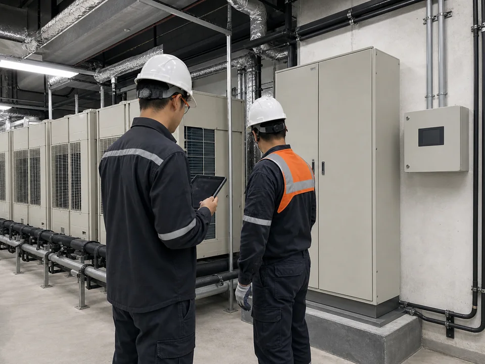 Engineers review air-conditioning equipment, a closed electrical cabinet and control interfaces in a plant room