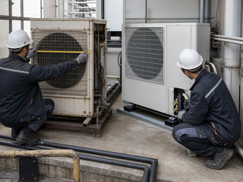 Technicians measure ageing air-conditioning equipment and review a replacement unit