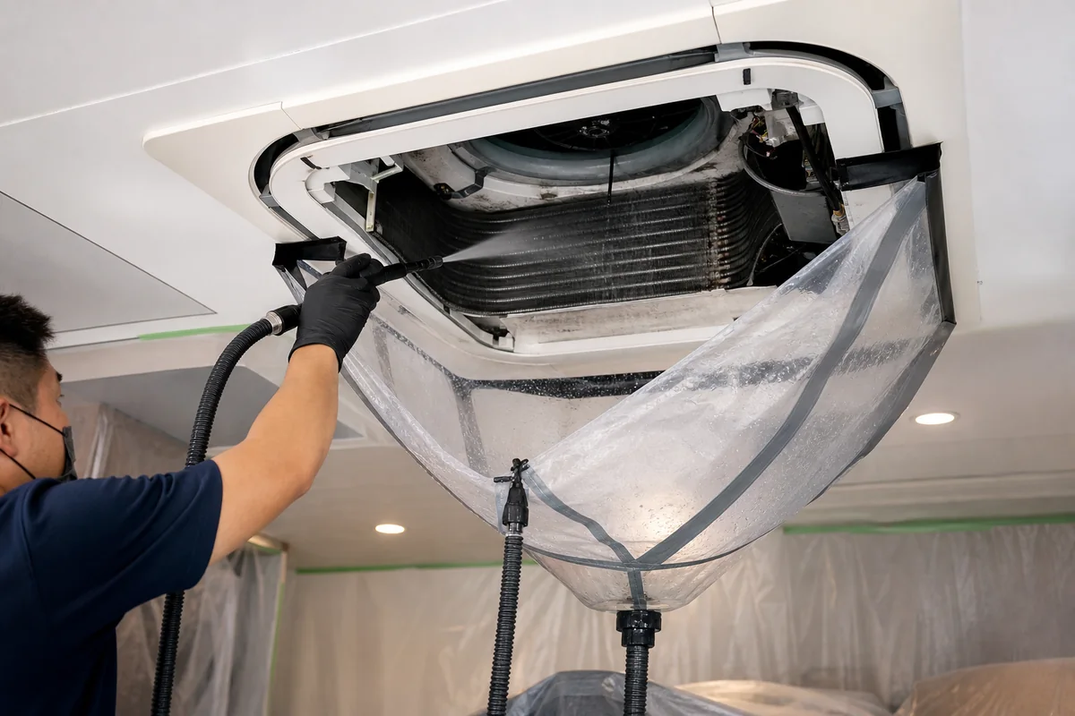 A technician cleaning a ceiling cassette coil with a waterproof wash cover collecting the wash water