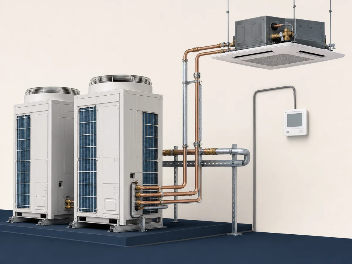 VRV or VRF system connecting outdoor units, an indoor unit and a controller