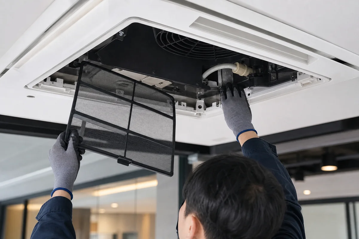 A technician removing the filter and checking the drain area of a ceiling cassette air-conditioning unit